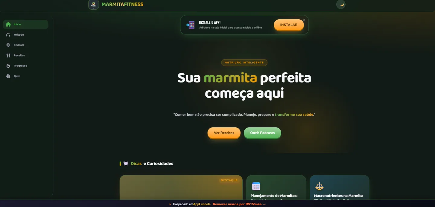 Página inicial real do Marmita Fit
